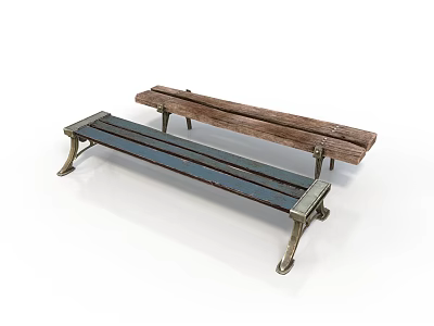 Wooden Furniture Benches With Blue And Brown Planks And Metal Legs Design 3d model