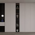 Modern Bookcase Interior With White Black Panels Round Lamp Drawer And Decorative Items