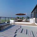 Stylish Terrace Garden With Spiral Staircase Fire Pit Chairs Water Features And Lush Plants