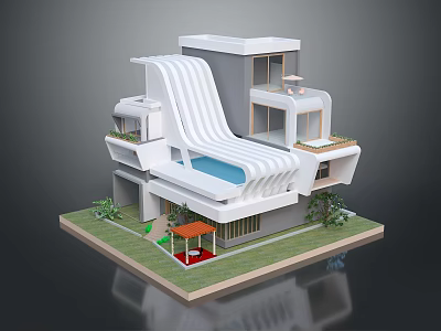 Modern White House Design With Wavy Roof Swimming Pool Balconies And Greenery 3d model