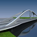 Modern Arched Bridge With Heart Shaped Structure Spanning Water And Reflection In Blue Sky