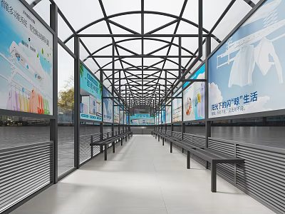 Covered Walkway With Glass Roof Metal Frame Benches And Billboards 3d model