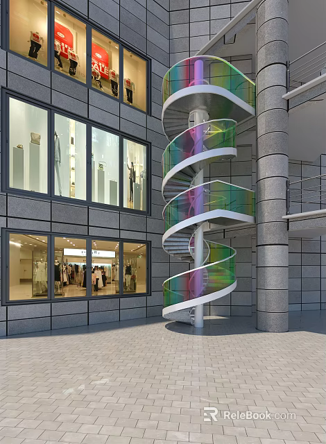Modern Spiral Staircase With Colorful Glass Railings And Large Windows In Contemporary Building 3d model 
