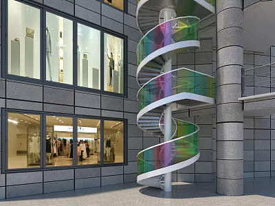 Modern Spiral Staircase With Colorful Glass Railings And Large Windows In Contemporary Building 3d model