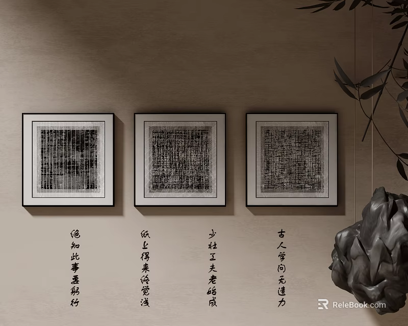 Three Square Framed Wall Art With Chinese Calligraphy And Black Sculpture On Beige Wall 3d model 