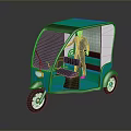 Green Three Wheeled Tricycle With Open Door And Person Standing