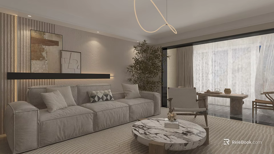 Modern Living And Dining Interior With Light Gray Sofa Marble Coffee Table And Potted Plant 3d model 