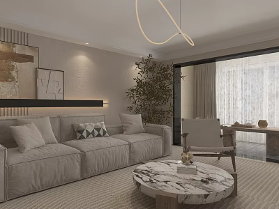 Modern Living And Dining Interior With Light Gray Sofa Marble Coffee Table And Potted Plant 3d model