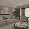 Modern Living And Dining Interior With Light Gray Sofa Marble Coffee Table And Potted Plant