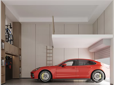 Modern Garage Interior With Red Car Storage Cabinets Bicycle And Loft 3d model