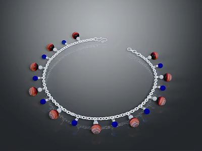 Elegant Silver Chain Necklace Featuring Red And Blue Beads Design 3d model