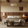 Modern Wooden Bedroom Interior With Pendant Light Bench Table Lamps And Wall Art