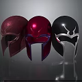 Three Metallic Helmets In Crimson Red And Black With Ornate Designs