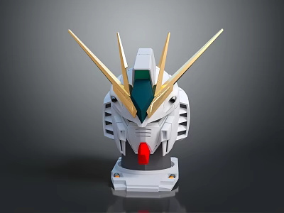 White And Gold Mecha Character Head With Green Red Accents And Detailed Armor 3d model