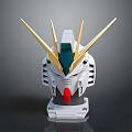 White And Gold Mecha Character Head With Green Red Accents And Detailed Armor