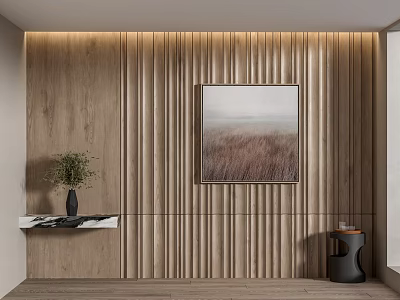 Wooden Vertical Slat Background Wall with Landscape Painting Vase Plant Shelf and Side Table Decor 3d model