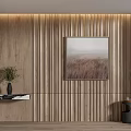 Wooden Vertical Slat Background Wall with Landscape Painting Vase Plant Shelf and Side Table Decor
