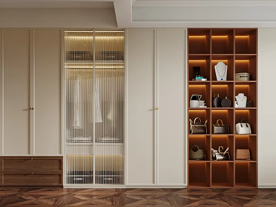 Modern Bedroom Interior With Wooden Wardrobe Open Shelving Storage For Clothes And Bags Brown Flooring 3d model
