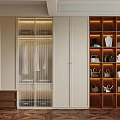 Modern Bedroom Interior With Wooden Wardrobe Open Shelving Storage For Clothes And Bags Brown Flooring