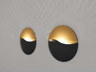Modern Circular Wall Lamp with Black and Gold Design and Radiant Light Pattern on Wall 3d model