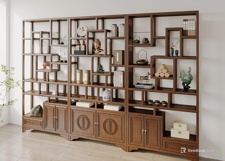 Traditional Chinese Decorative Ornaments Set On Wooden Display Shelf With Tea Sets Books And Sculptures 3d model 