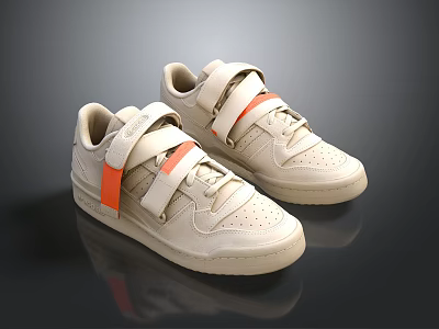 Beige Casual Sneakers With Velcro Straps And Orange Accents For Daily Wear 3d model