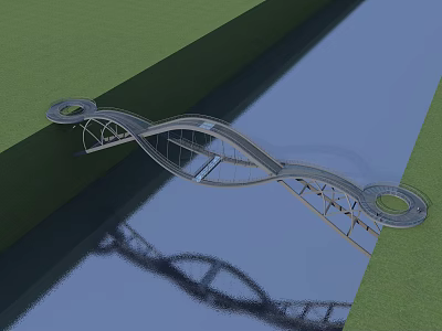 Modern Curved Bridge With Sleek Metal Structure Over Water And Green Grass 3d model