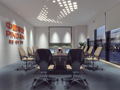 Modern Ping An Meeting Room With Projection Screen Conference Table Chairs And Modern Lighting 3d model