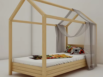 Wooden House Shaped Kids Bed With Roof Frame Gray Canopy Curtain And Colorful Bedding 3d model