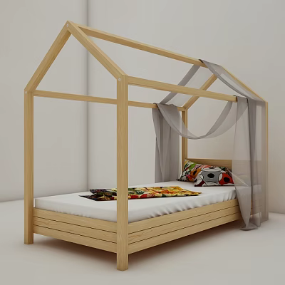 Wooden House Shaped Kids Bed With Roof Frame Gray Canopy Curtain And Colorful Bedding 3d model