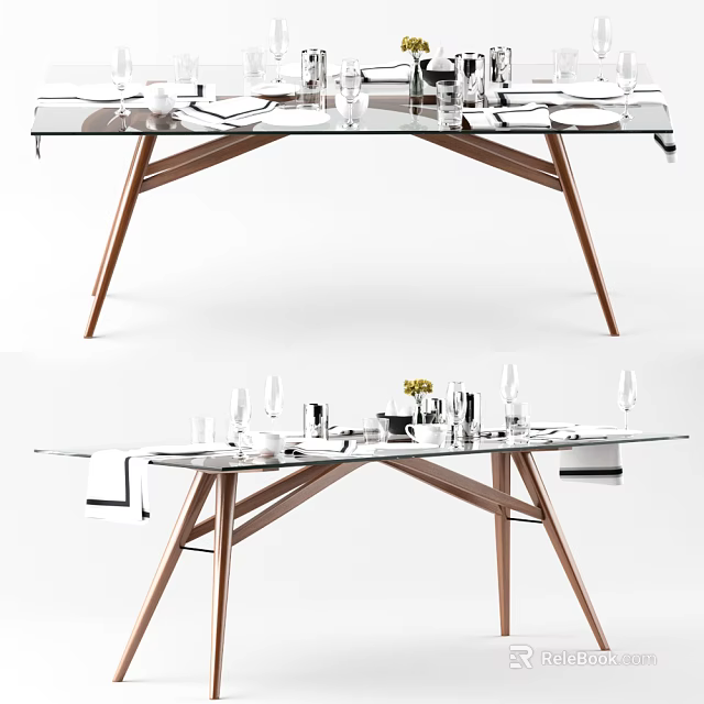 Modern Glass Top Dining Table With Copper Metal Legs And Tableware Decorations 3d model 