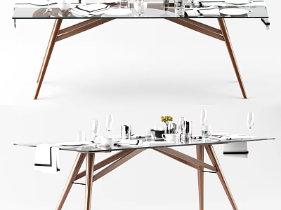 Modern Glass Top Dining Table With Copper Metal Legs And Tableware Decorations 3d model