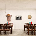 Indoor Vintage Living Space With Wooden Furniture Archway Red Lantern Green Plant And Wall Art