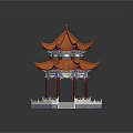 Traditional Chinese Two Story Pavilion With Orange Curved Roof Red Pillars And White Base