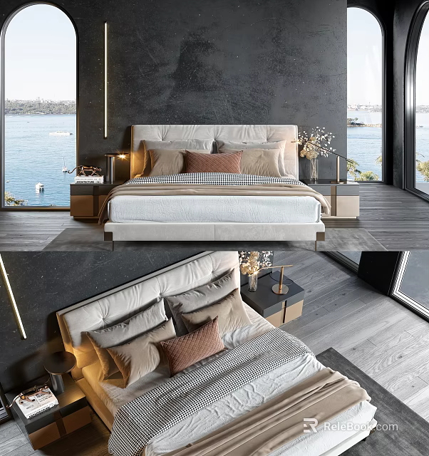 Elegant Modern Double Bed With Soft Pillows And Sea View Bedroom Interior 3d model 