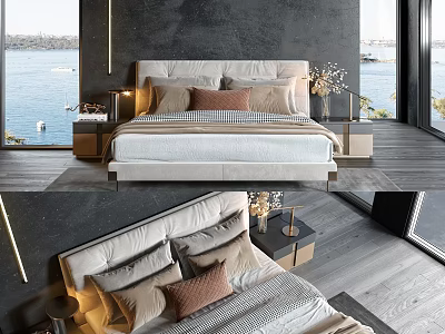 Elegant Modern Double Bed With Soft Pillows And Sea View Bedroom Interior 3d model