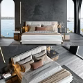 Elegant Modern Double Bed With Soft Pillows And Sea View Bedroom Interior