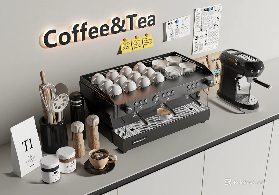 Modern Kitchen Coffee Making Station With Espresso Machine Eggs Coffee Tea Sign And Utensils 3d model 