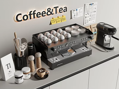 Modern Kitchen Coffee Making Station With Espresso Machine Eggs Coffee Tea Sign And Utensils 3d model