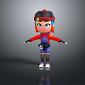 Game Movie Character Cartoonish with Red Blue Hair Black Cap Blue Overalls 33 White Shoes
