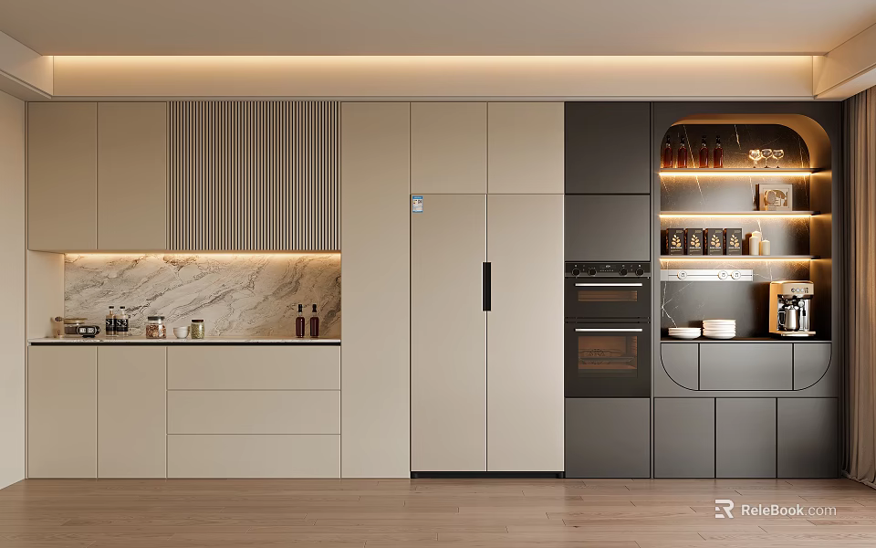 Modern Kitchen Interior Design With Light Gray Sideboard Cabinet And Marble Countertop Wooden Floor 3d model 