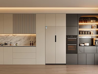 Modern Kitchen Interior Design With Light Gray Sideboard Cabinet And Marble Countertop Wooden Floor 3d model