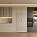 Modern Kitchen Interior Design With Light Gray Sideboard Cabinet And Marble Countertop Wooden Floor