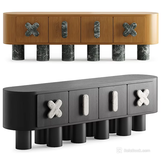 Modern Wooden And Black TV Stand With Marble Cylindrical Legs And Cross Decorations 3d model 
