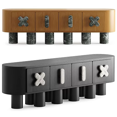 Modern Wooden And Black TV Stand With Marble Cylindrical Legs And Cross Decorations 3d model