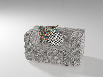 Gray Single Seater Sofa With Tufted Bubble Texture And Colorful Checkered Cushions 3d model