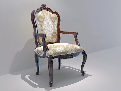 Classical Style Dining Chair with Dark Wooden Frame Carved Details Patterned Fabric and Elegant Curved Legs 3d model