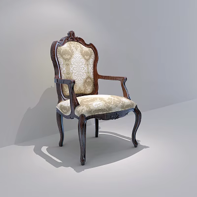 Classical Style Dining Chair with Dark Wooden Frame Carved Details Patterned Fabric and Elegant Curved Legs 3d model