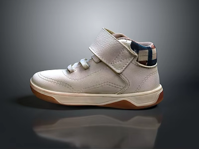 Kids White High Top Shoes with Velcro Straps Brown Sole Plaid Lining 3d model
