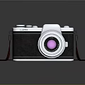 Classic Design Digital Camera With Silver Black Body And Red Strap On Black Background